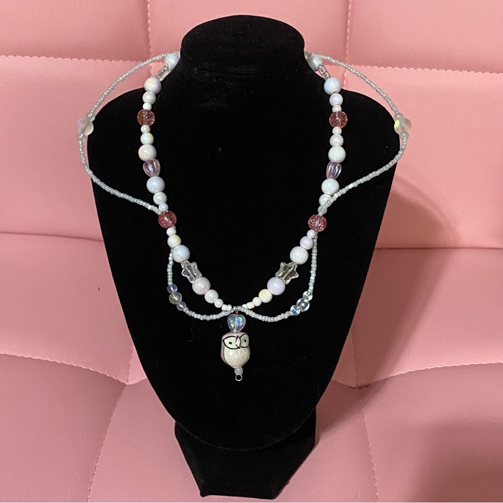 Pink necklace with owl charm